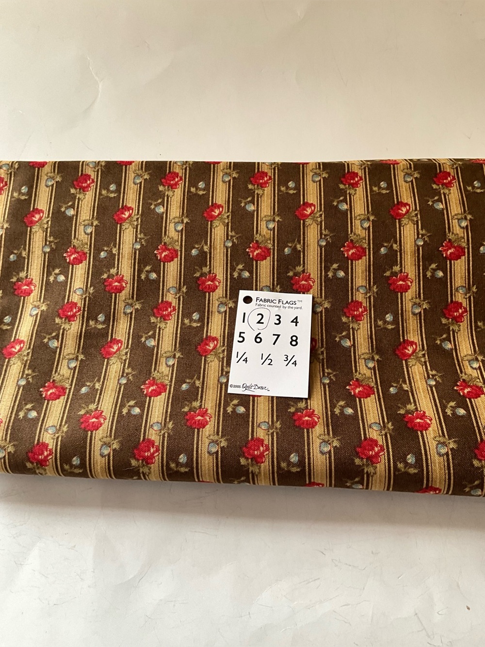 Moda Fabrics #3845 Chocolat NWT Floral Red Blue Roses Brown Stripes Cotton 2 yds